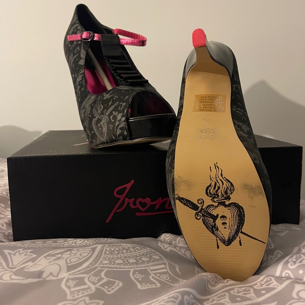 Iron Fist Black and Pink Goth Pattern Peep-Toe Heels - Picture 2 of 14